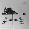 JCB Digger Weathervane The silhouette of the JCB Digger Weathervane, produced by Black Fox Metalcraft Ltd, features a durable powder-coated finish to protect against rust and sits atop directional labels S, W, N, and E.