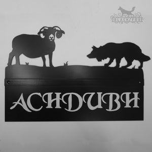 Hand painted metal house sign with Sheep and Collie design.