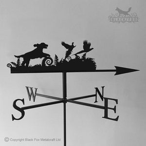 Spaniel flushing pheasants weathervane with traditional arrow.