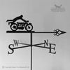 Motorcycle in the Wind Weathervane The Motorcycle in the Wind Weathervane showcases a vintage motorcyclist silhouette with directional arms for N, S, E, and W. It features Black Fox Metalcraft Ltd's logo, highlighting its superior rust protection design.