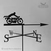 Motorcycle in the Wind Weathervane The Black Fox Metalcraft Ltd "Motorcycle in the Wind Weathervane" showcases a vintage motorcycle silhouette with rider and includes directional letters S, W, N, E below. It is coated with rust protection for lasting durability.
