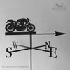 Triton Motorbike Weathervane The Triton Motorbike Weathervane, crafted by Black Fox Metalcraft Ltd, showcases a striking silhouette atop directional letters S, W, N, and E. Designed with rust protection, this durable piece adds style to any rooftop setting.