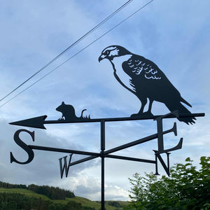 Hawk Weathervane photo with blue sky and light cloud in the background.