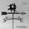 The Dancing Couple Weathervane by Black Fox Metalcraft Ltd showcases dancing couple silhouettes, directional letters (S, W, N, E), and "Charleston" at the base—a perfect gift for dancers and dance enthusiasts.