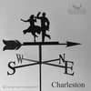The Dancing Couple Weathervane by Black Fox Metalcraft Ltd features handmade silhouettes of a dancing couple on directional markers, with "Charleston" at the bottom—a unique gift for dancers and dance lovers.