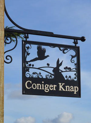 Hanging Sign featuring a Hare and Pheasant, text painted by hand.