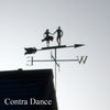 The Dancing Couple Weathervane by Black Fox Metalcraft Ltd features a handmade silhouette of two dancers on a rooftop, with "Contra Dance" text—an ideal unique gift for dance lovers.