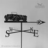 A Jaguar SS100 silhouette on a sleek black metal weathervane, featuring SWNE directional letters and an elegantly decorated arrow. The Black Fox Metalcraft Ltd logo adorns the top right corner—an ideal piece for any classic car enthusiast.