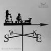 Introducing the "Children on Bikes Weathervane" by Black Fox Metalcraft Ltd, featuring a charming design of children with their playful dog. This durable piece boasts a zinc electroplate finish and clearly visible directional letters: S, W, N, and E. It's an ideal addition for adding a personalized touch to your outdoor decor.