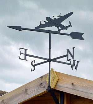 Lancaster Bomber Weathervane mounted to a shed using a gable bracket