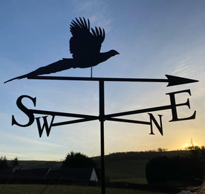 Pheasant weathervane silhouetted against the sky above the black fox metalcraft workshop in rural scotland.