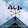 A bespoke weathervane featuring three witches and their two cats - based on our four witches coven weathervane.