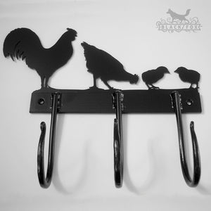 Set of hand forged hooks with laser cut Chickens design.
