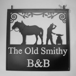 Wrought Iron hanging sign featuring a farrier at work.