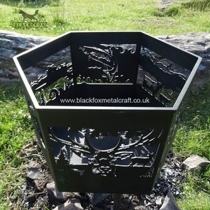 Hexagonal laser cut Firepit with Stag design shown.