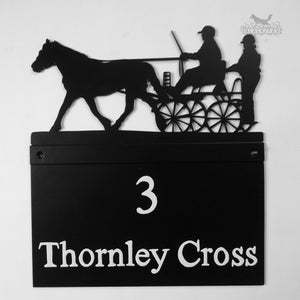 Hand painted metal house sign with Horse and Trap design.