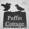Hand painted metal house sign with Puffins design.